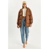 Efnaz Style Kadın Kapüşonlu Oversize Yarasa Kol Şişme Kahverengi Mont - Standart