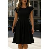 Efnaz Style Kadın Kelebek Kollu Bisiklet Yakalı Pileli Ithal Krep Elbise - 2XL-3XL - Siyah