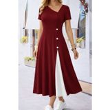 Efnaz Style Kadın Kısa Kollu Asimetrik Yakalı Düğme Detaylı Midi Viskon Elbise - 2XL-3XL - Bordo