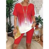 Efnaz Style Kadın Kısa Kollu Bisiklet Yaka Desenli Dalgıç Bluz Ve Tayt Ikili Takım - L-XL - Kırmızı