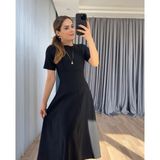 Efnaz Style Kadın Kısa Kollu Bisiklet Yaka Maksi Boy Ithal Krep Elbise - S-M - Siyah