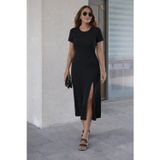Efnaz Style Kadın Kısa Kollu Bisiklet Yaka Yandan Yırtmaçlı Midi Viskon Elbise - L-XL - Siyah
