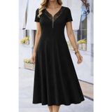 Efnaz Style Kadın Kısa Kollu Dantel V Fermuar Yakalıuzun Viskon Elbise - L-XL - Siyah