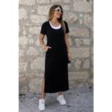 Efnaz Style Kadın Kısa Kollu Içi Atlet Görünümlü Yandan Yırtmaçlı Uzun Viskon Elbise - 2XL-3XL - Siyah