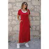 Efnaz Style Kadın Kısa Kollu Içi Atlet Görünümlü Yandan Yırtmaçlı Uzun Viskon Elbise - L-XL - Kırmızı