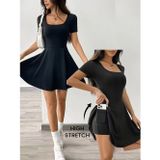 Efnaz Style Kadın Kısa Kollu Kare Yakalı Cep Detaylı Dalgıç Elbise Tulum - 2XL-3XL - Siyah