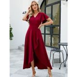 Efnaz Style Kadın Kısa Kollu Kruvaze Yakalı ön Asimetrik Volanlı Uzun Ithal Krep Elbise - S-M - Kırmızı