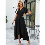 Efnaz Style Kadın Kısa Kollu Kruvaze Yakalı ön Asimetrik Volanlı Uzun Ithal Krep Elbise - S-M - Siyah