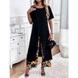Efnaz Style Kadın Kısa Kollu önden çapraz Detaylı Viskon Uzun Bluz Ve Desenli Iki Iplik Pantolon Ikili Takım - L-XL - Siyah