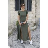 Efnaz Style Kadın Kısa Kollu Sırt Dekolteli Yırtmaç Detaylı Viskon Elbise - 2XL-3XL - Haki