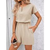 Efnaz Style Kadın Kısa Kollu V Yakalı Beli Lastikli Kısa Ithal Krep Tulum - 2XL-3XL - Bej
