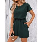 Efnaz Style Kadın Kısa Kollu V Yakalı Beli Lastikli Kısa Ithal Krep Tulum - L-XL - Yeşil