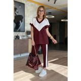 Efnaz Style Kadın Kısa Kollu V Yakalı çift Renkli Viskon Iki Iplik Ikili Bluz Ve Pantolon Takım - S-M - Bordo