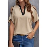Efnaz Style Kadın Kısa Kollu V Yakalı Ithal Krep Bluz - 2XL-3XL - Bej