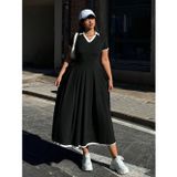 Efnaz Style Kadın Kısa Kollu V Yakalı Pileli Uzun Janjan Krep Elbise - L-XL - Siyah