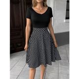 Efnaz Style Kadın Kısa Kollu V Yakalı üst Viskon Alt Puantiyeli Kısa örme Krep Elbise - 2XL-3XL - Siyah