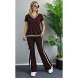 Efnaz Style Kadın Kısa Kollu V Yakalı Viskon Iki Iplik Bluz Ve Pantolon Ikili Takım - 2XL-3XL - Kahve
