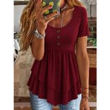 Efnaz Style Kadın Kısa Kollu Yuvarlak Yakalı Düğmeli önden Asimetrik Kesim Detaylı Viskon Bluz - 2XL-3XL - Bordo