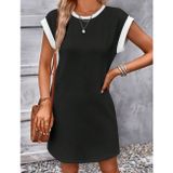 Efnaz Style Kadın Kısa Kollu Yuvarlak Yakalı Kontrast Manset Detaylı Kısa Janjan Krep Elbise - 2XL-3XL - Siyah
