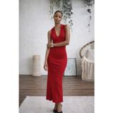 Efnaz Style Kadın Kolsuz V Yakalı Uzun Triko Elbise - L-XL - Kırmızı