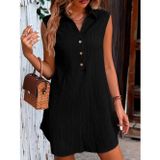 Efnaz Style Kadın Kolsuz Yakalı önden Düğmeli Bürümcük Elbise - 2XL-3XL - Siyah