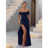 Efnaz Style Kadın Madonna Yaka Pileli Derin Yırtmaçlı Uzun Ithal Krep Elbise - 2XL-3XL - Lacivert
