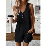 Efnaz Style Kadın Omuz Askılı önden Düğmeli Waffle Kısa Tulum - 2XL-3XL - Siyah