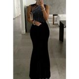 Efnaz Style Kadın Omuz çoklu Askılı önü Taş Işlemeli Balık Kesim Janjan Krep Maxi Boy Elbise - L-XL - Siyah
