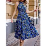 Efnaz Style Kadın Omuz Dekolteli Halter Yaka Desenli Maxi Süprem Elbise - 2XL-3XL - Mavi