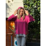 Efnaz Style Kadın Pembe Kapşonlu Etek Ucu Detay Arma Ters Dikiş Gorunumlu Ikili Takım - 4XL - Pembe