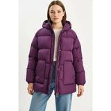 Efnaz Style Kadın Regular Fit Kapüşonlu Fermuarlı Astarlı Cepli Şişme Mor Mont