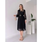 Efnaz Style Kadın şifon Kumaş Astalı Kloş Kesim Kruvaze Yaka Midi Boy Elbise - 3XL - Siyah
