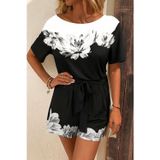 Efnaz Style Kadın Tek Omuzu Açık çiçek Desenli Beli Kuşaklı Iki Iplik Mini Short Tulum - S-M - Siyah