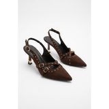 Efnaz Style Kadın Troklu Çapraz Bant Detaylı Sivri Burun Topuklu Slingback Ayakkabı Acı Kahve