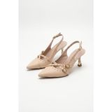 Efnaz Style Kadın Troklu Çapraz Bant Detaylı Sivri Burun Topuklu Slingback Ayakkabı Bej