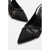 Efnaz Style Kadın Troklu Çapraz Bant Detaylı Sivri Burun Topuklu Slingback Ayakkabı Siyah