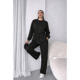 Efnaz Style Kadın Uzun Kollu Bisiklet Yaka Belden Büzgülü Bağcıklı Viskon Iki Iplik Bluz Ve Pantolon Ikili Takım - 2XL-3XL - Siyah