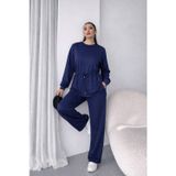 Efnaz Style Kadın Uzun Kollu Bisiklet Yaka Belden Büzgülü Bağcıklı Viskon Iki Iplik Bluz Ve Pantolon Ikili Takım - S-M - Siyah