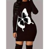Efnaz Style Kadın Uzun Kollu Bisiklet Yaka Kelebek Desenli Kısa Viskon Iki Iplik Elbise - L-XL - Siyah