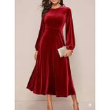Efnaz Style Kadın Uzun Kollu Bisiklet Yaka Midi Kadife Elbise - L-XL - Bordo