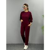 Efnaz Style Kadın Uzun Kollu Bisiklet Yaka Viskon Iki Iplik Bluz Ve Pantolon Ikili Takım - 2XL-3XL - Bordo