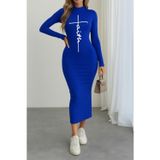 Efnaz Style Kadın Uzun Kollu Boğazlı Baskı Detaylı Viskon Tam Boy Elbise - 2XL-3XL - Mavi