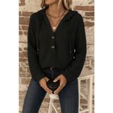 Efnaz Style Kadın Uzun Kollu Kapşonlu önü Düğmeli Ve Bağcıklı Waffle Bluz - L-XL - Siyah