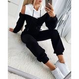 Efnaz Style Kadın Uzun Kollu Omuzlardan Açık Kapşonlu Bağcıklı çift Renkli Viskon Iki Iplik Bluz Ve Pantolon Ikili Takım - S-M - Siyah
