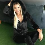 Efnaz Style Kadın Uzun Kollu önden Fermuarlı Kapşon Tüy Detaylı Kadife Bluz Ve Pantolon Ikili Takım - S-M - Siyah