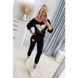 Efnaz Style Kadın Uzun Kollu V Yakalı Desenli Viskon Iki Iplik Bluz Ve Pantolon Ikili Takım - 2XL-3XL - Siyah
