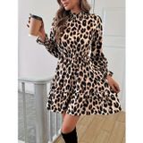 Efnaz Style Kadın Uzun Kollu Yarı Balıkçı Yaka Leopar Desenli Modal Mini Elbise - L-XL - Leopar