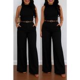Efnaz Style Kadın Yüksek Bel Geniş Paça Detaylı Cepli Ithal Krep Pantolon (kemersiz) - 2XL-3XL - Siyah