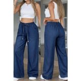 Efnaz Style Kadın Yüksek Bel Lastikli Bağcıklı Kot Pantolon - 2XL - Mavi