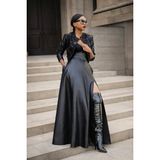 Efnaz Style Kadın Yüksek Bel Uzun Yırtmaçlı Deri Etek - Siyah - 2XL - 3XL